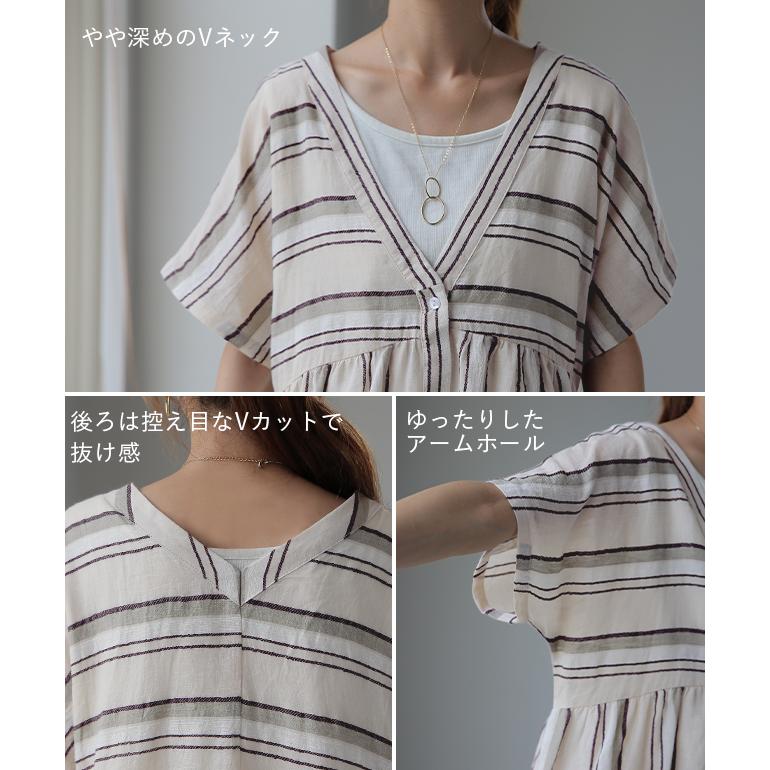 ワンピース 綿 麻 シャツワンピース ストライプ ボーダー マルチボーダー リネン コットン シャツワンピ | HUG.U | 19