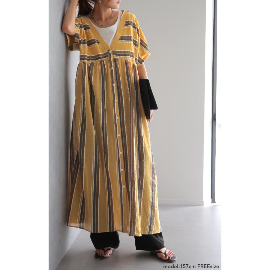 ワンピース 綿 麻 シャツワンピース ストライプ ボーダー マルチボーダー リネン コットン シャツワンピ | HUG.U | 20