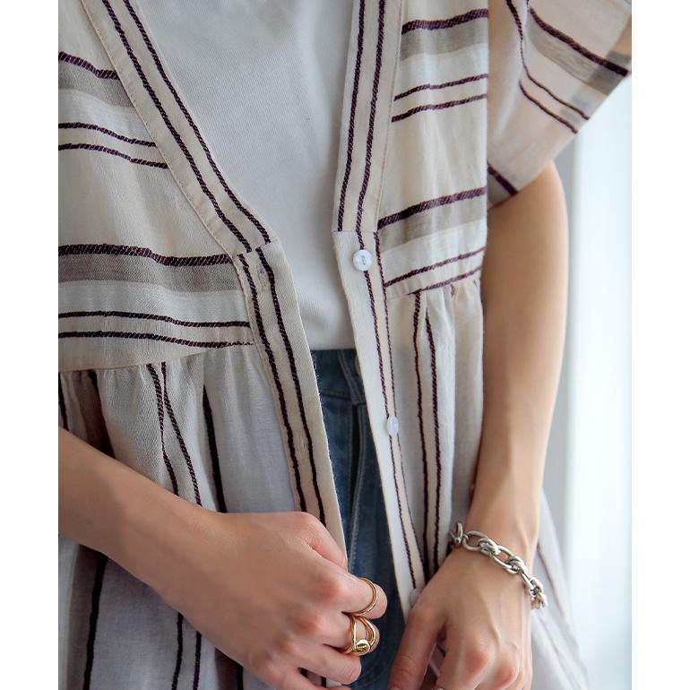 ワンピース 綿 麻 シャツワンピース ストライプ ボーダー マルチボーダー リネン コットン シャツワンピ | HUG.U | 21
