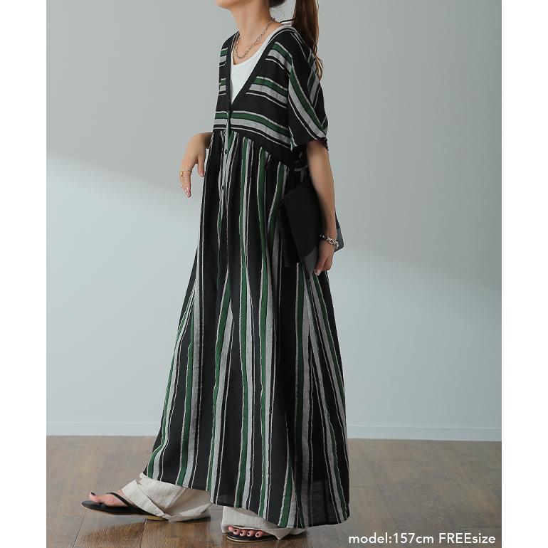 ワンピース 綿 麻 シャツワンピース ストライプ ボーダー マルチボーダー リネン コットン シャツワンピ | HUG.U | 06