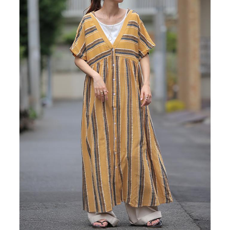 ワンピース 綿 麻 シャツワンピース ストライプ ボーダー マルチボーダー リネン コットン シャツワンピ | HUG.U | 08