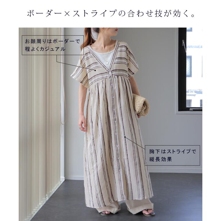 ワンピース 綿 麻 シャツワンピース ストライプ ボーダー マルチボーダー リネン コットン シャツワンピ | HUG.U | 10