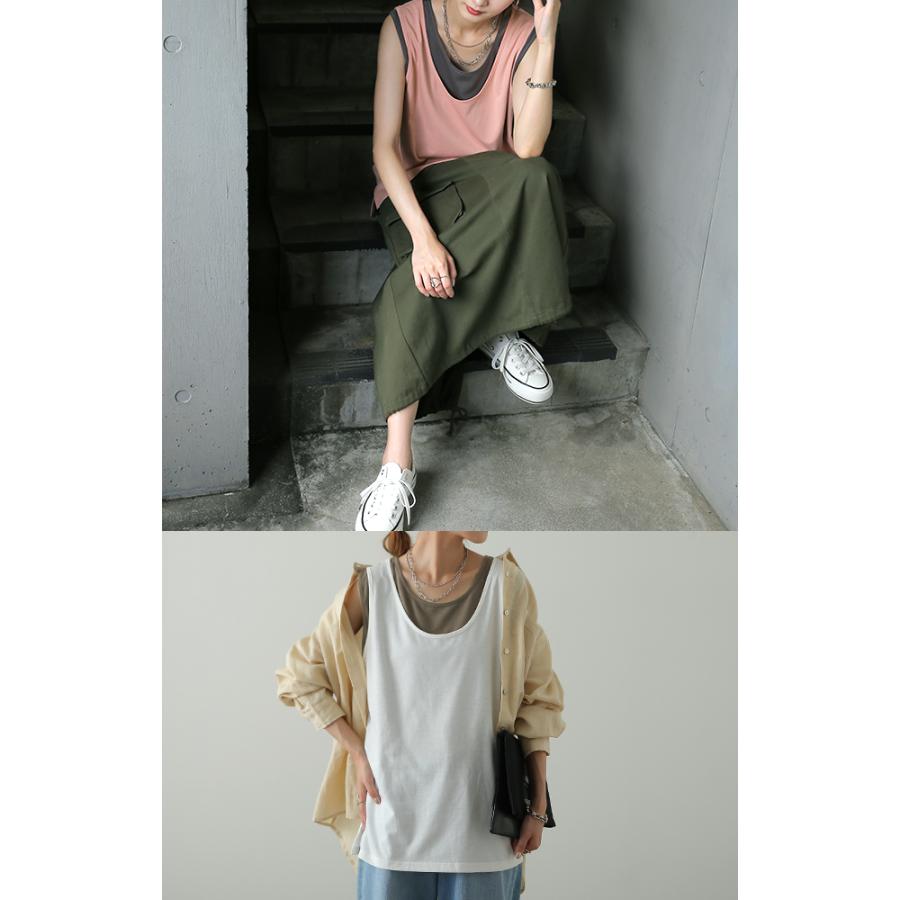 タンクトップ レディース トップス 透けない ノースリーブ 薄手 配色 Uネック レイヤード インナー バイカラー | HUG.U | 25