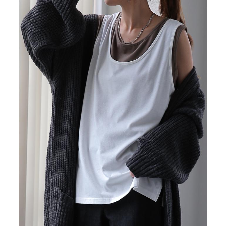 タンクトップ レディース トップス 透けない ノースリーブ 薄手 配色 Uネック レイヤード インナー バイカラー | HUG.U | 10