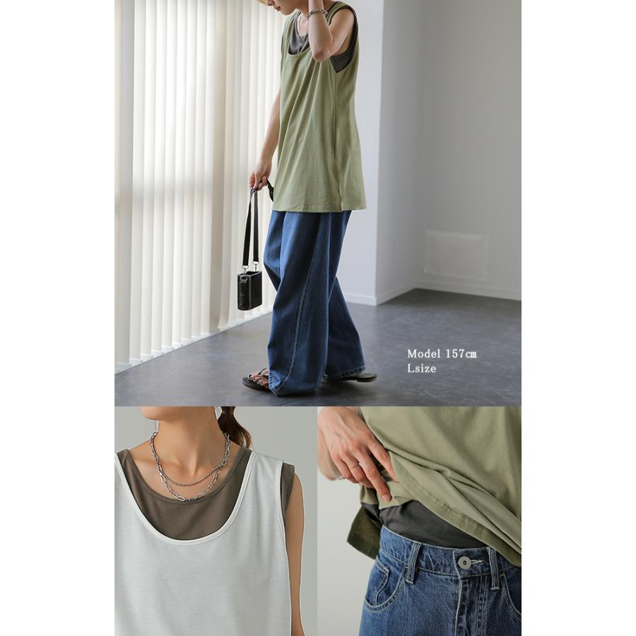 タンクトップ レディース トップス 透けない ノースリーブ 薄手 配色 Uネック レイヤード インナー バイカラー | HUG.U | 11