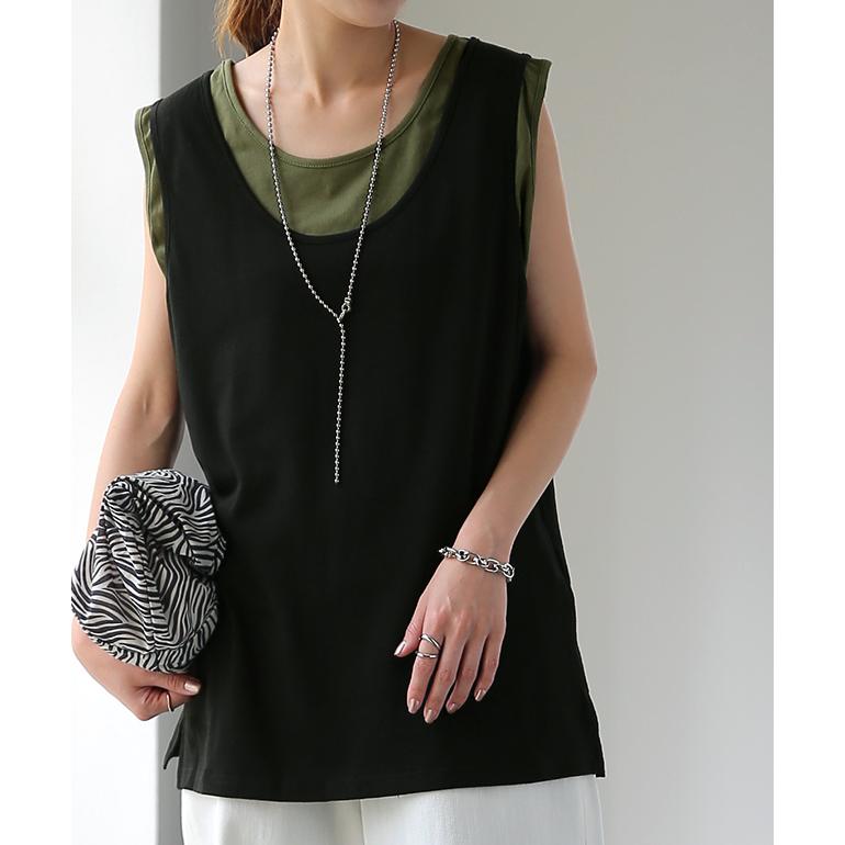 タンクトップ レディース トップス 透けない ノースリーブ 薄手 配色 Uネック レイヤード インナー バイカラー | HUG.U | 12