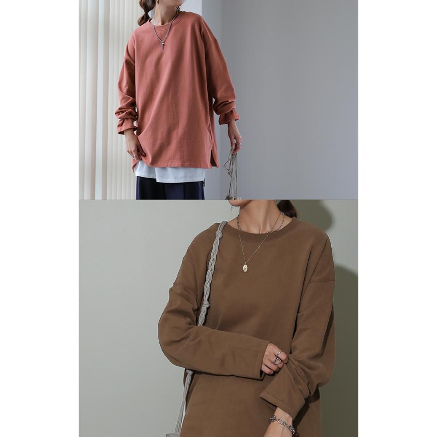トップス レディース ロンT 綿100％ カットソー ポケット 長袖 Tシャツ Uネック お尻が隠れる ゆったり チュニック 無地 | HUG.U | 21