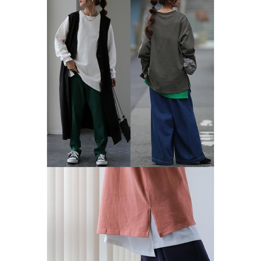 トップス レディース ロンT 綿100％ カットソー ポケット 長袖 Tシャツ Uネック お尻が隠れる ゆったり チュニック 無地 | HUG.U | 23