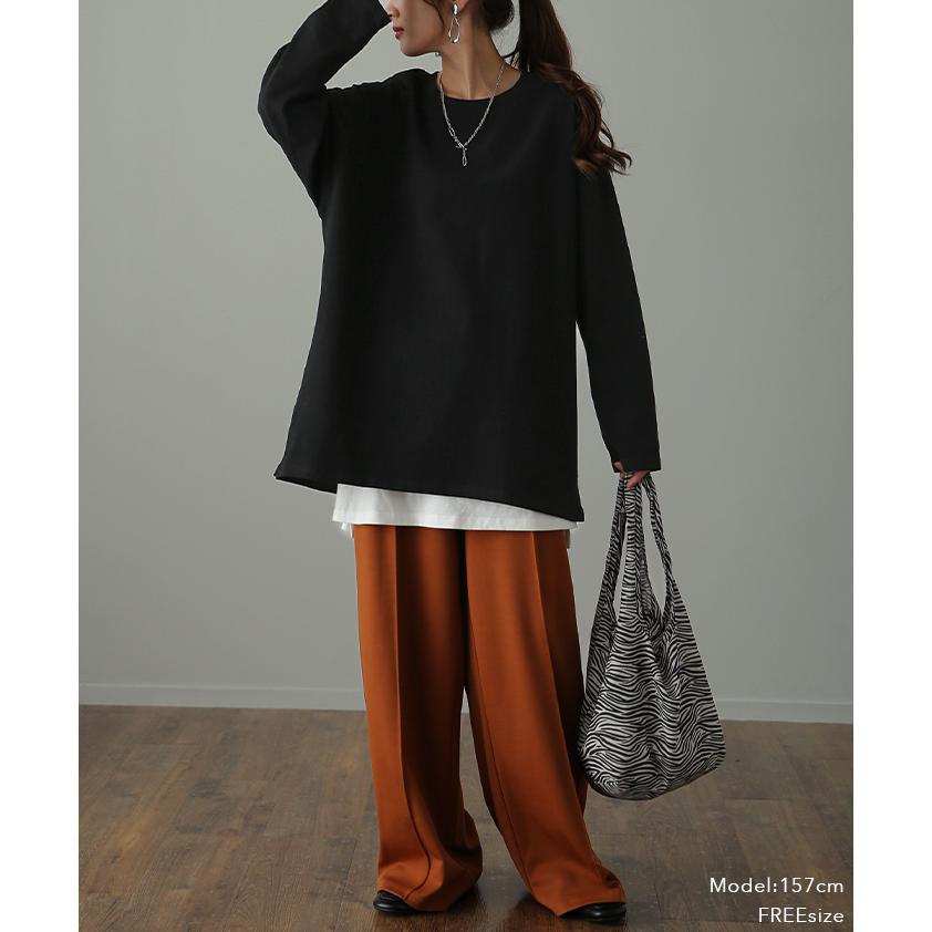 トップス レディース ロンT 綿100％ カットソー ポケット 長袖 Tシャツ Uネック お尻が隠れる ゆったり チュニック 無地 | HUG.U | 11