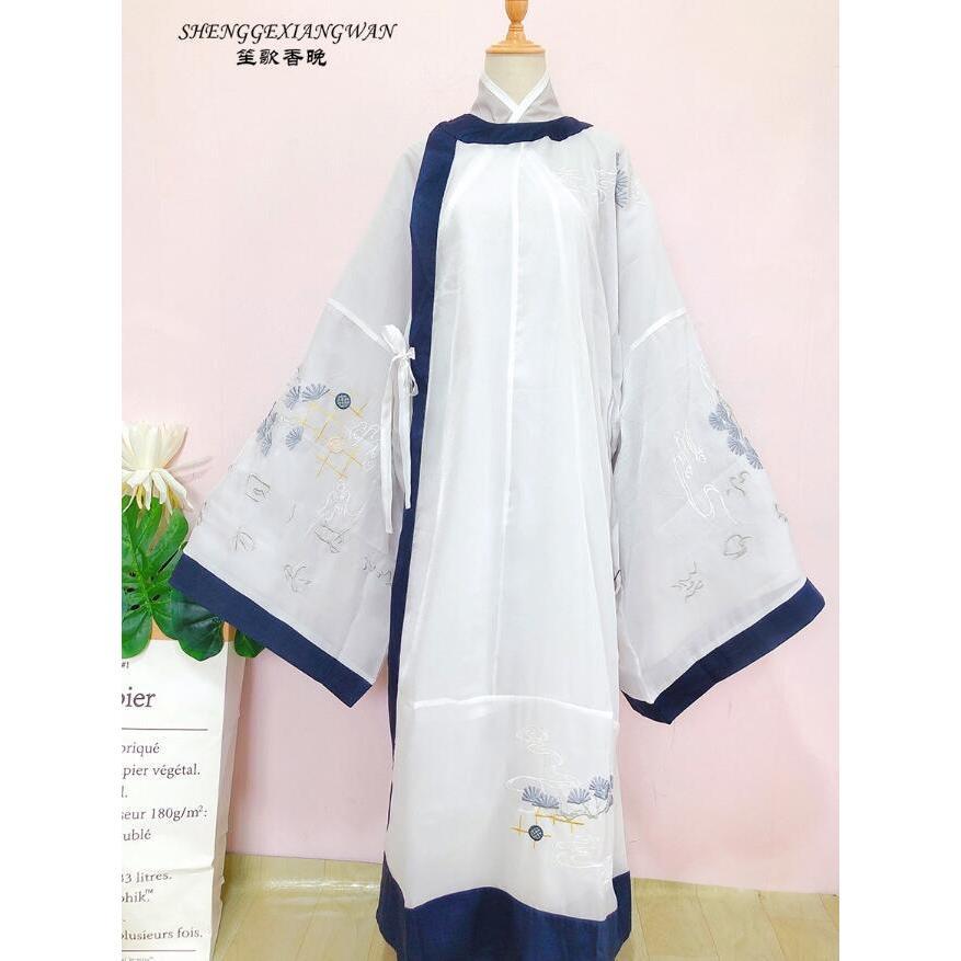 上品な漢服 メンズチャイナ服 中華服 男性 女性漢服唐装 唐宋風 白に紺色縁取り 松 雲刺繍 広袖 仮装、変装 カチューシャ レディース クモ ハロウィン 吸血鬼 ゴスロリ クラウン 魔女