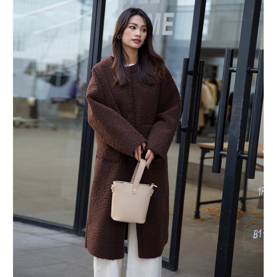 クルーネックボアコート ノーカラーコート レディース アパレル