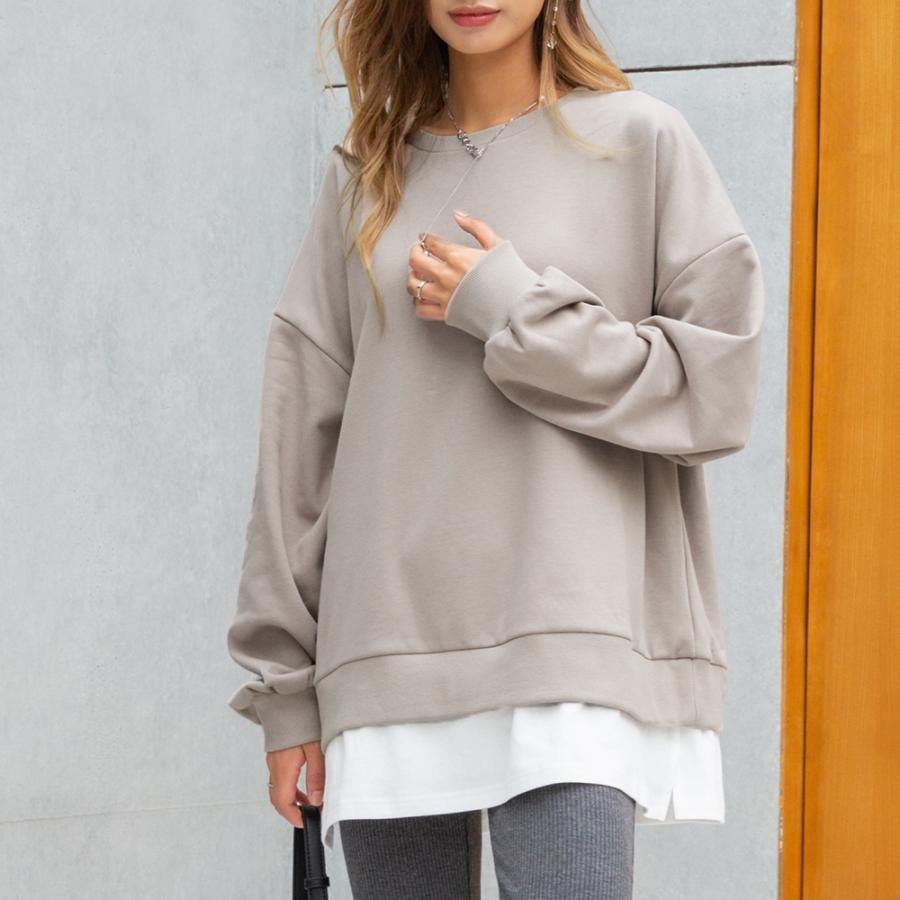 フェイクレイヤードカットソープルオーバー スリット パーカー重ね着風  