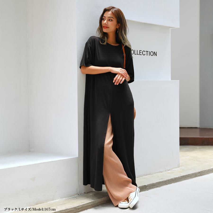 Phlannel 前後2wayロングワンピース 着痩せ抜群』前後2WAYバックスリット Tシャツワンピース スリット