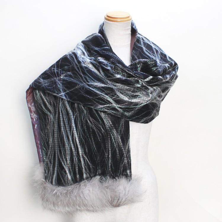 ブルーフロストフォックス ファー トリミング カシミヤ混 ストール