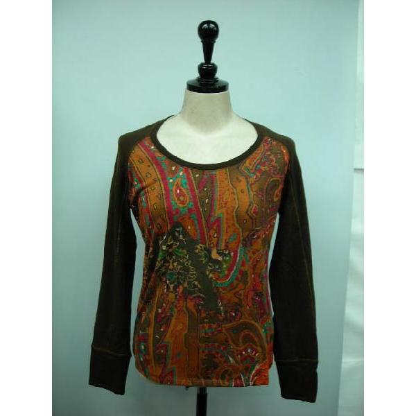 FUEGO(フエゴ) フランスブランド ビスコース・ウール 柄入り 長袖シャツ ブラウン Lサイズ