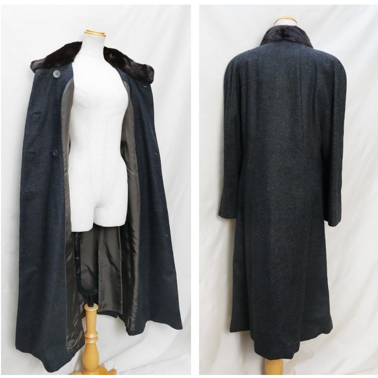 ベビーアルパカ ロングコート ネイビー グレー 9号 ミンク襟 ファー