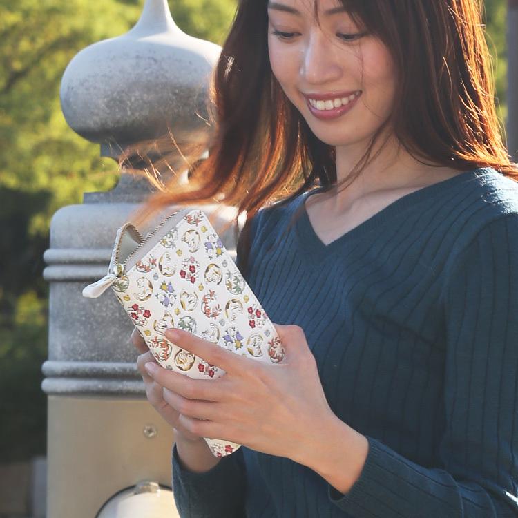 浅草文庫 長財布 猫 ネコ 財布 四君子 柄 サイフ ラウンドファスナー