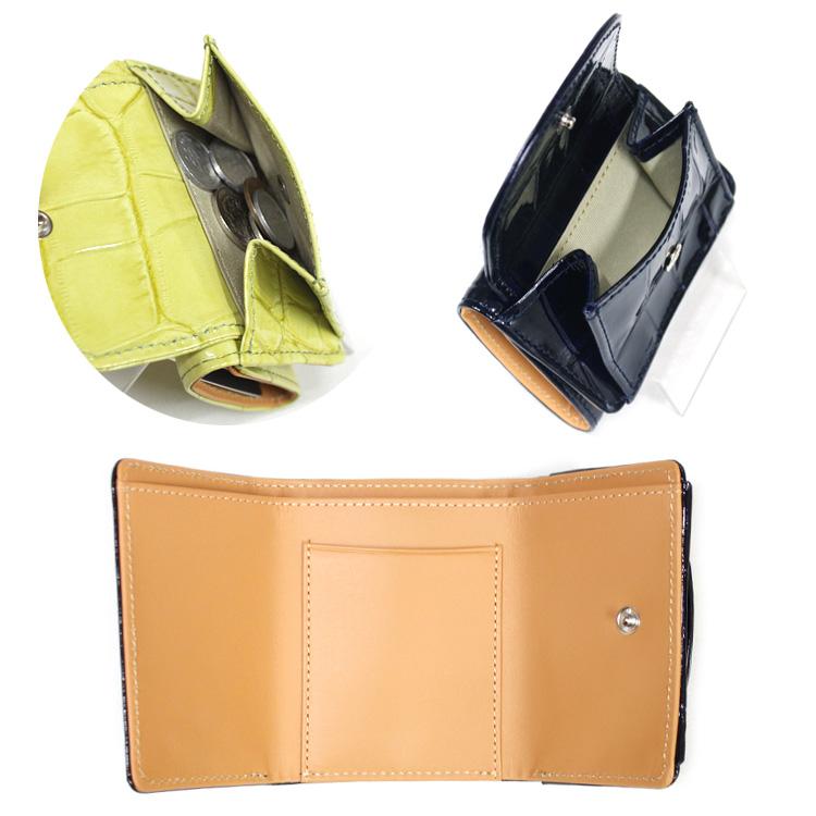 日本製 本革 レザー クロコダイル型押し 三つ折り ミニ 財布 エナメル