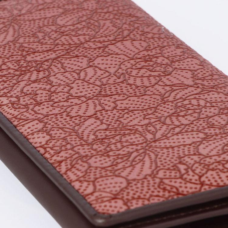 印伝 草木染 日本製 長財布 鹿革 牛革 ディアレザー レッド 牡丹柄