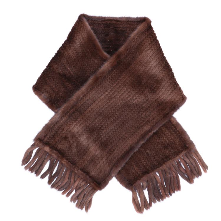 ミンク 編み込み ニッティング ファー ストール フリンジ付 ダーク  