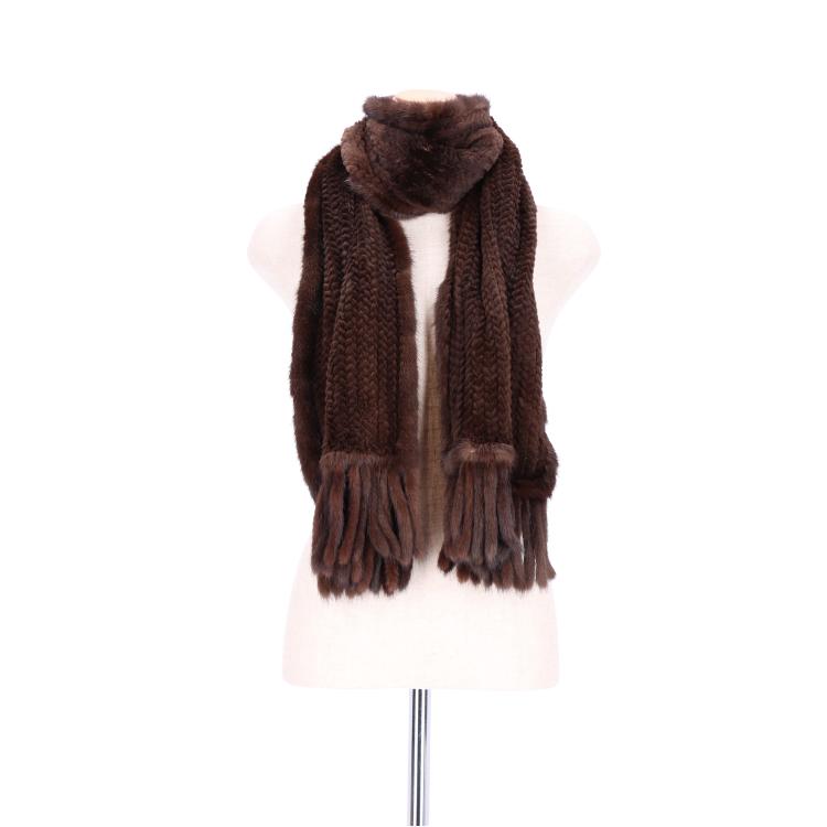 ミンク 編み込み ニッティング ファー ストール フリンジ付 ダーク  