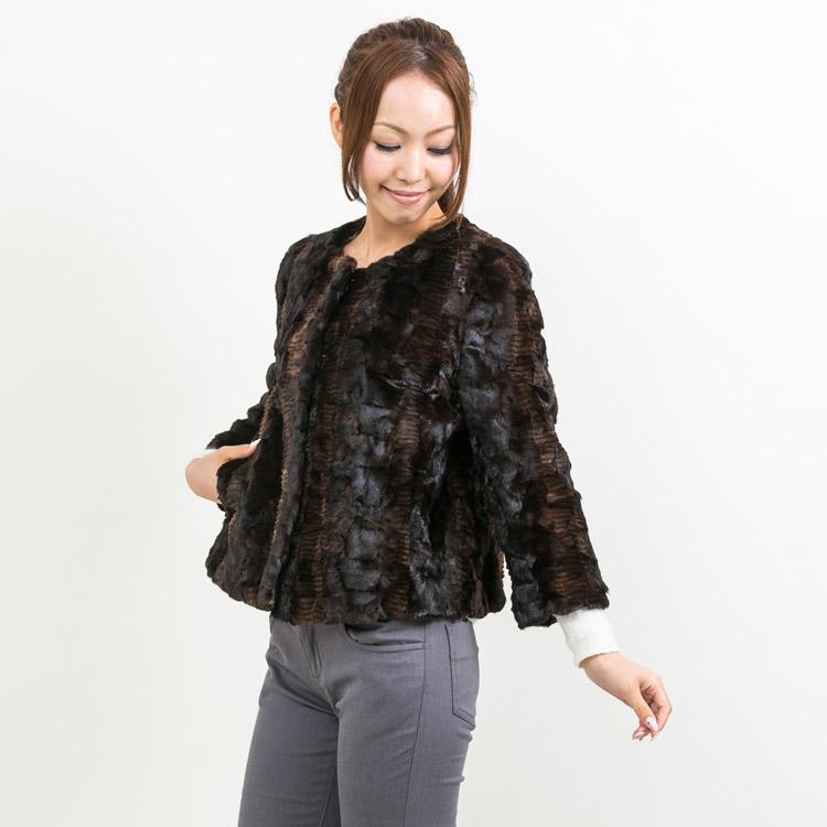 ミンク ファー ノーカラー ジャケット ブラウン : エルベートブルー