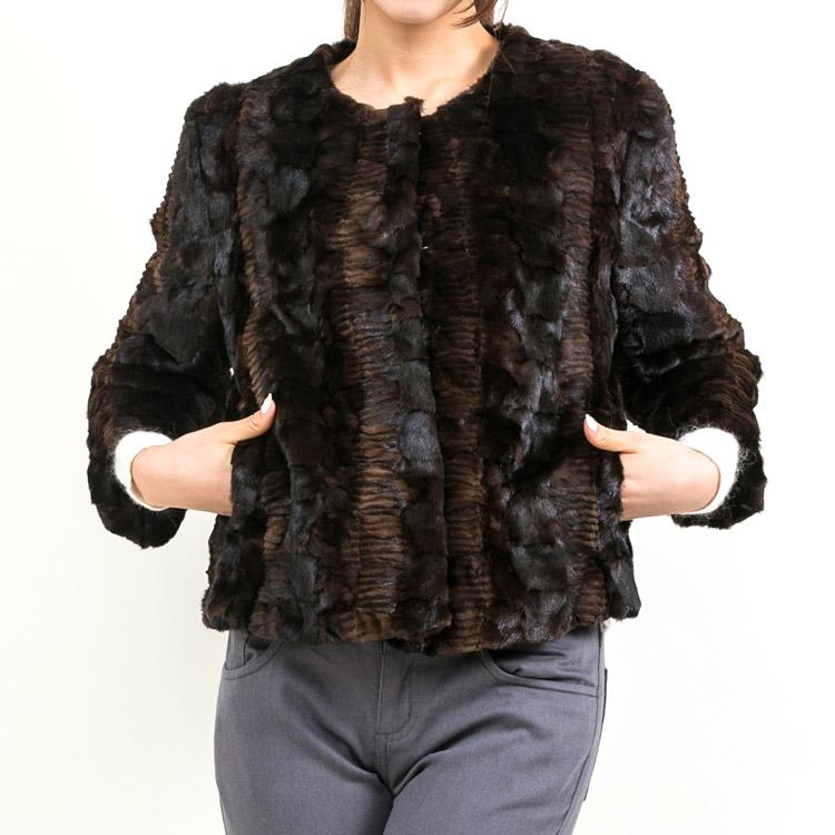 ミンク ファー ノーカラー ジャケット ブラウン : エルベートブルー