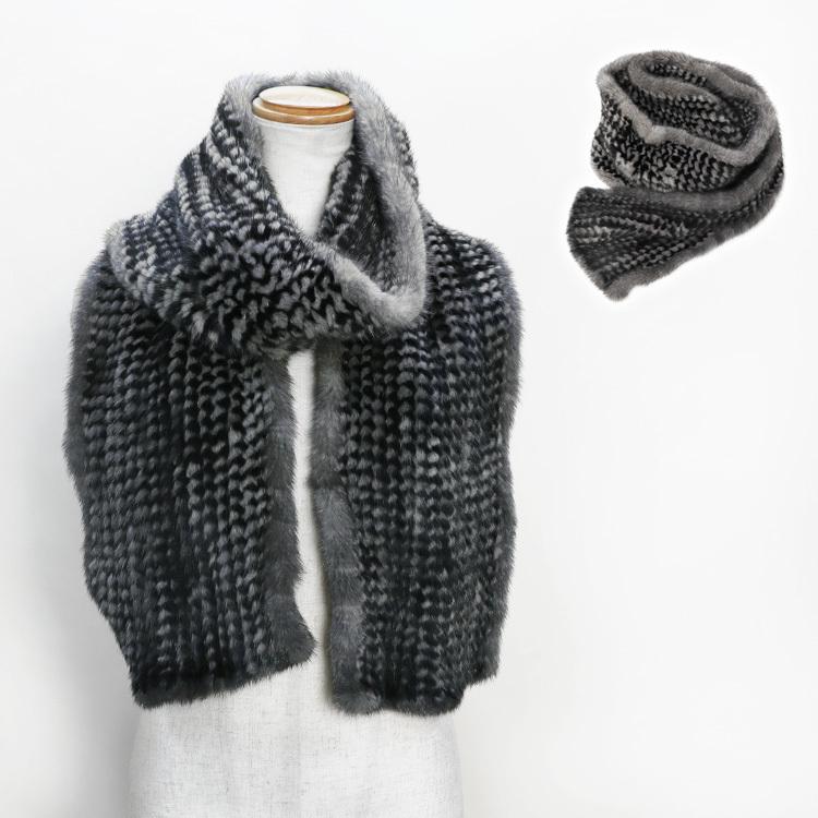 ミンク 編み込み ファー マフラー ブラック グレー チェック 千鳥格子  