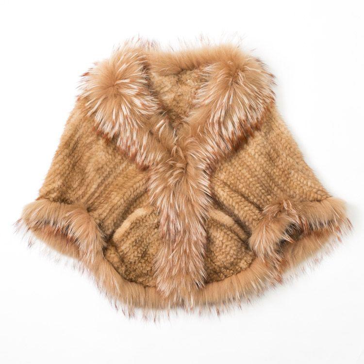 ミンク ラクーン 編み込み ファー ケープ ライトブラウン : エルベート