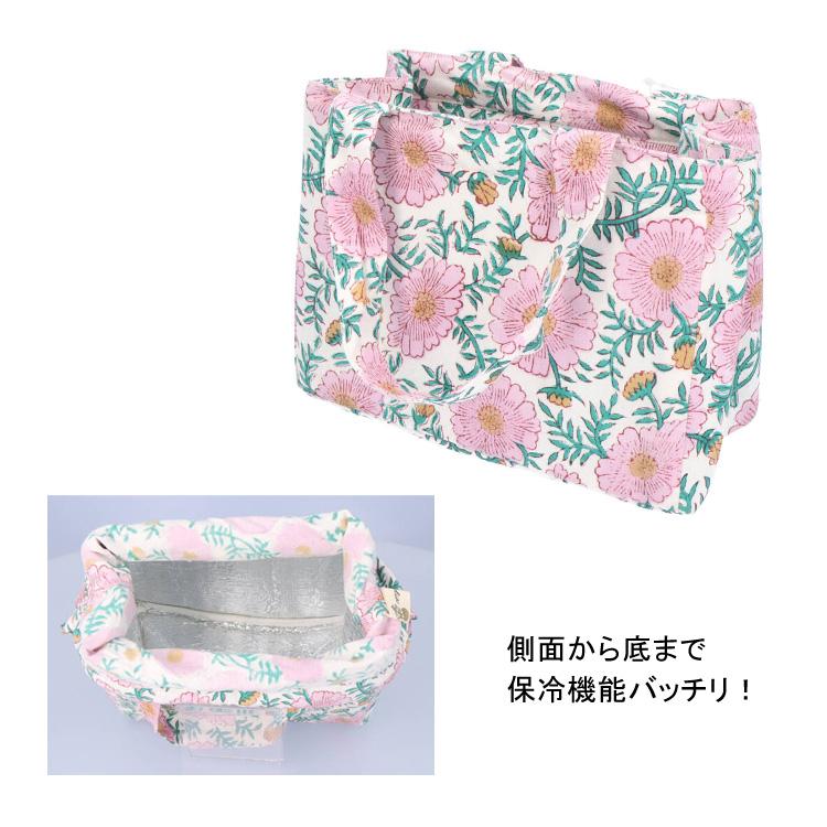 保冷バッグ コンフィーブロックプリント 花柄 巾着 ライトブルー モス