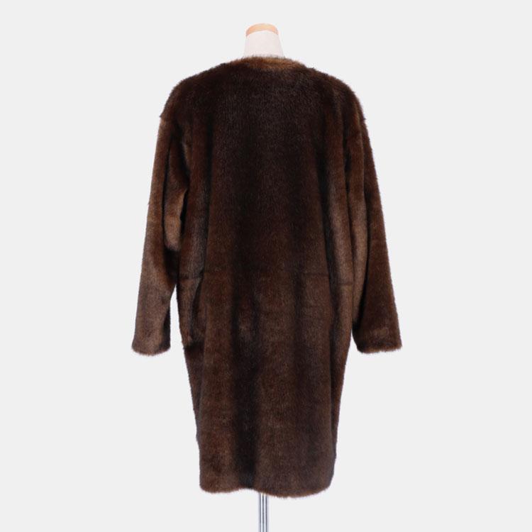 エコファー コート 衿なし ミンク フェイクファー ブラウン ロング