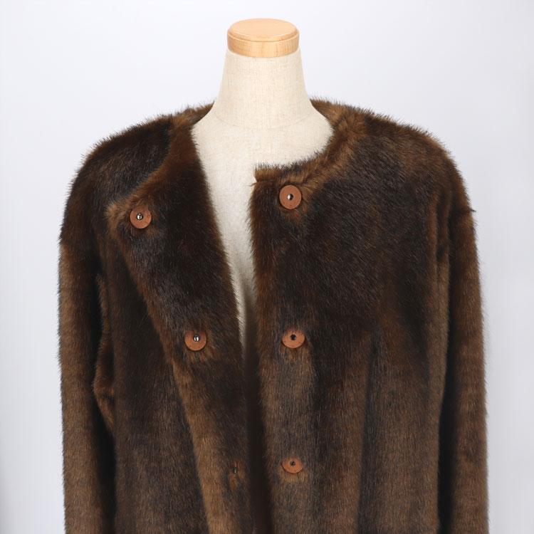 エコファー コート 衿なし ミンク フェイクファー ブラウン ロング