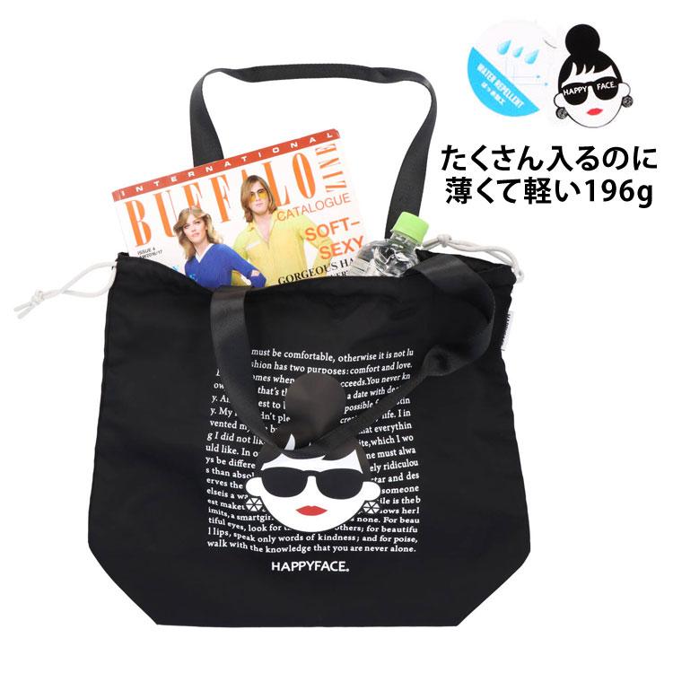 トートバッグ HAPPY FACE EMMA 英字背景 プリント 巾着 お顔