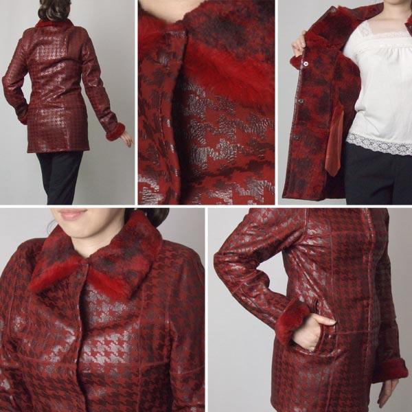 訳あり千鳥柄 ラビット Wフェイス ファー ジャケット レッドの画像