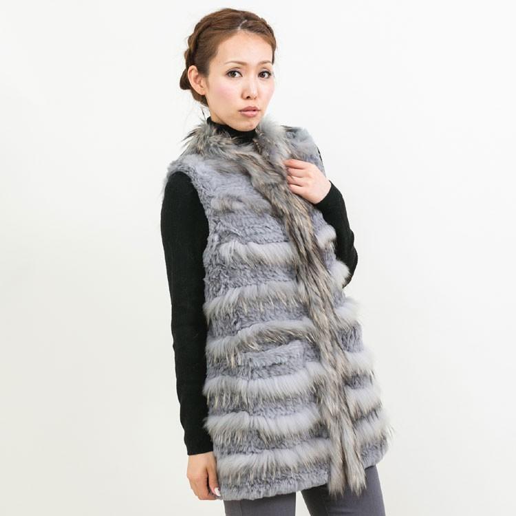 ラビット ラクーン ロング ファー ベスト グレー レディース : エル