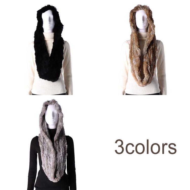 ラビット ファー スヌード フード付き 3WAY マフラー リアルファー