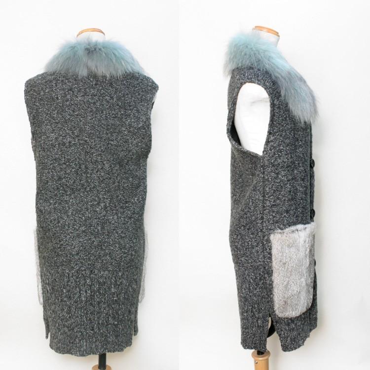 ラクーン ファー 襟 ニット 2way ロング ベスト グレー タヌキ