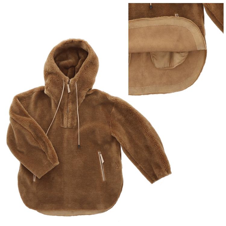 ボアパーカー ブラウン フード付き ハーフジップ ボアフリースパーカー