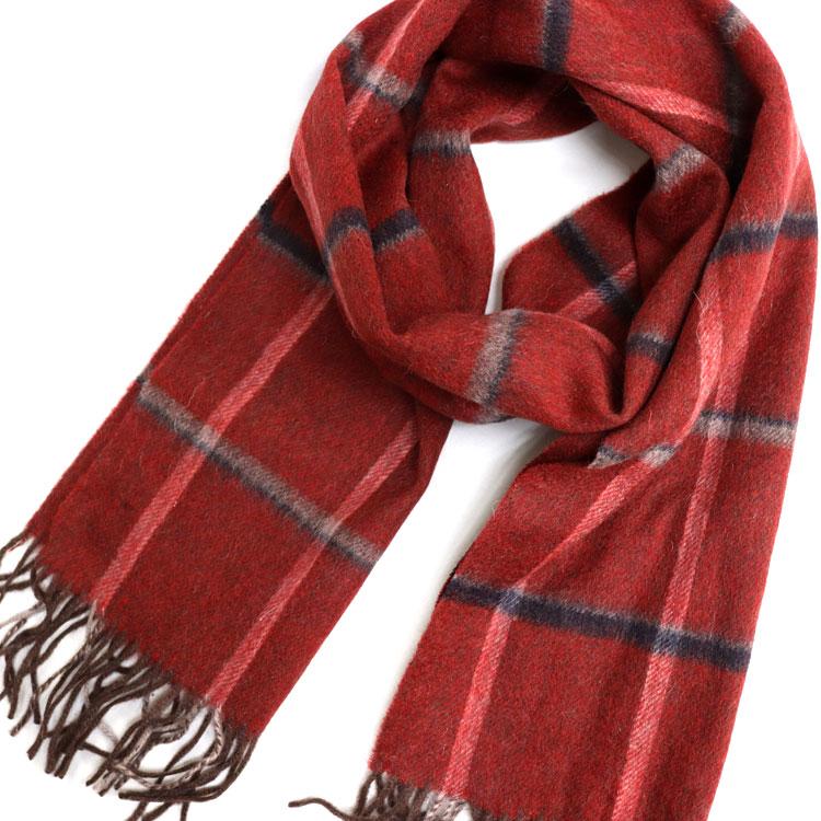 ウール マフラー チェック ダークレッドグレー フリンジ付き
