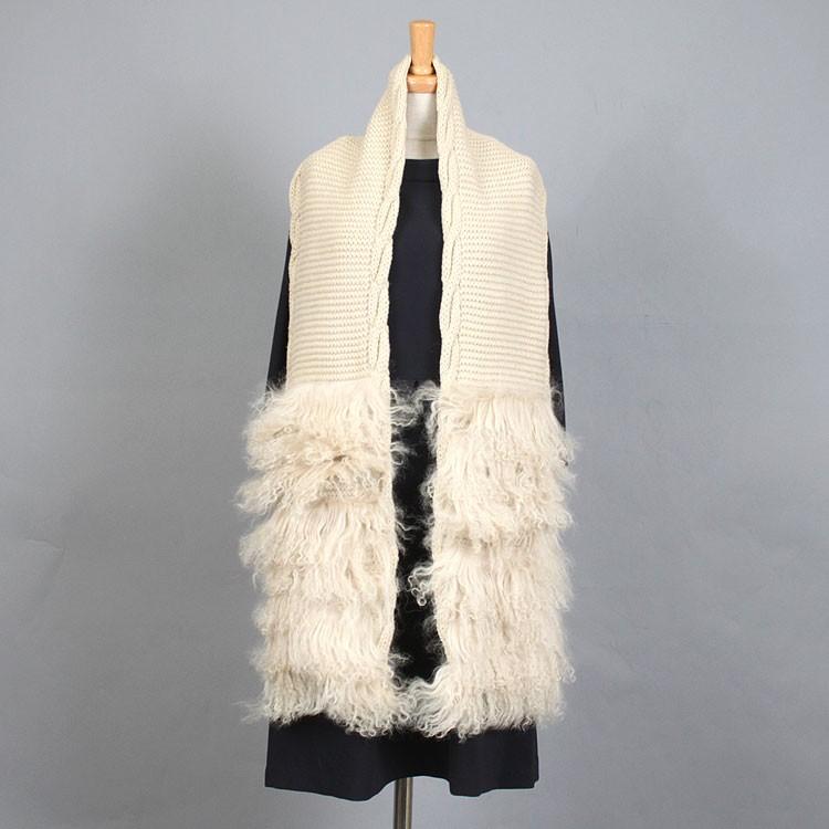 チベットラム ファー トリミング 厚手ニット ストール ベージュ : エル