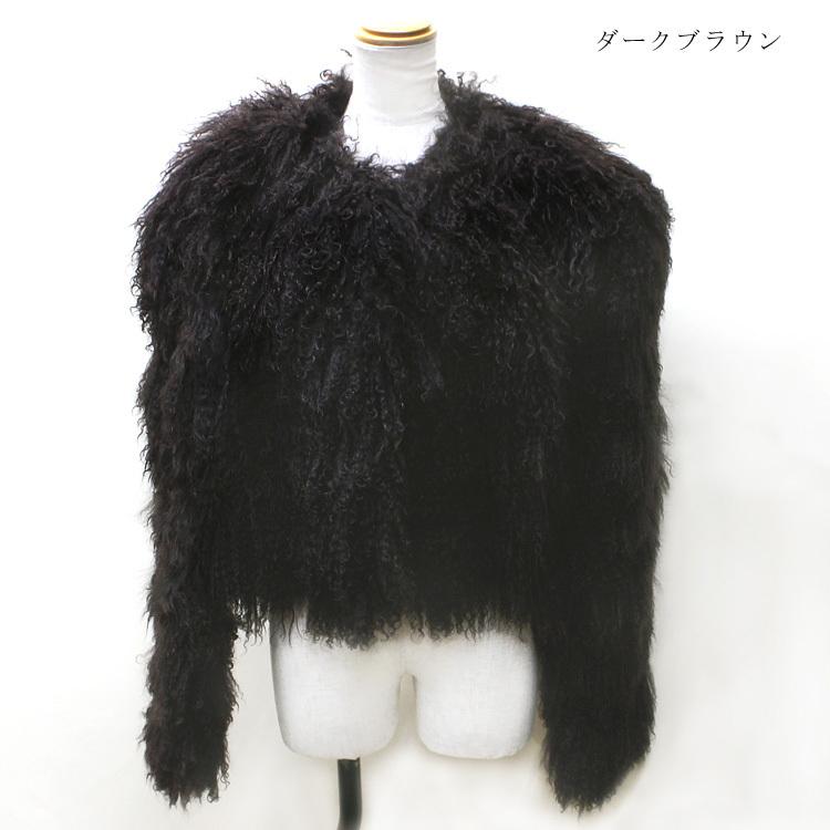 チベットラム ファー ノーカラー ジャケット ダークブラウン グリーン 