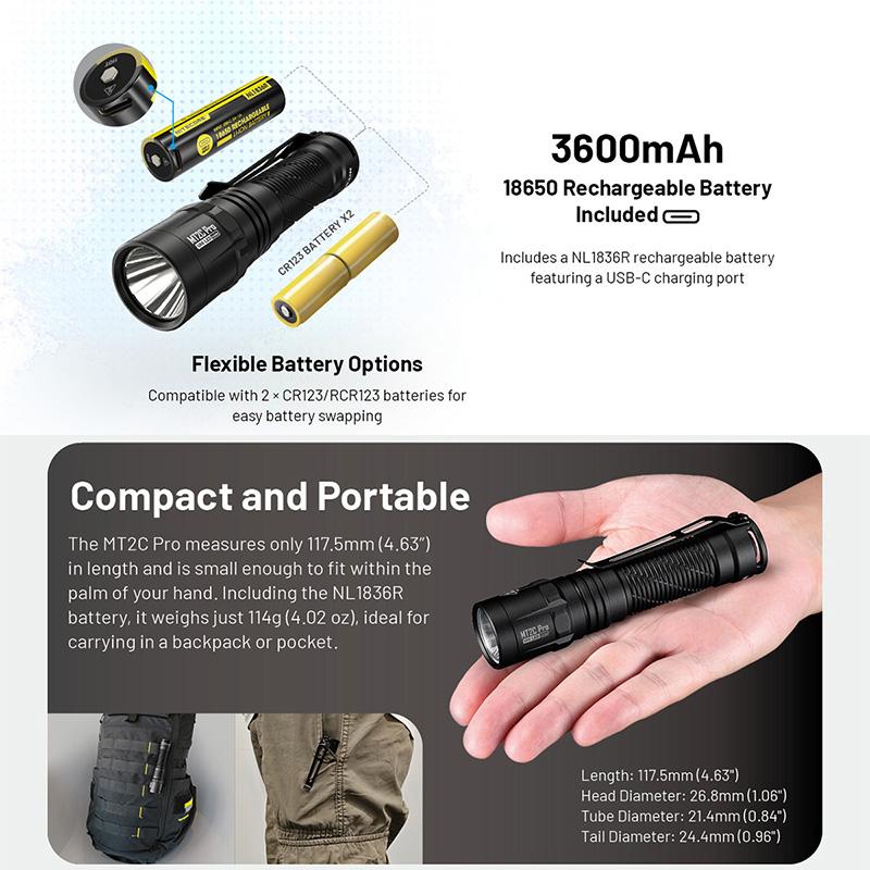 NITECORE(ナイトコア) MT2C Pro 高出力コンパクト タクティカル フラッシュライト 最大1800ルーメン/520m照射 Type-C 充電バッテリー内蔵_7