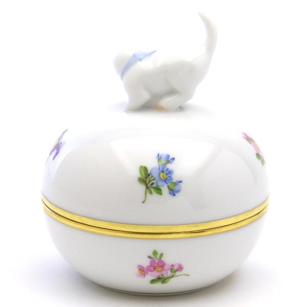 ヘレンド（HEREND） 丸形小物入れ(高さ:9cm)猫飾り ミルフルール(06033