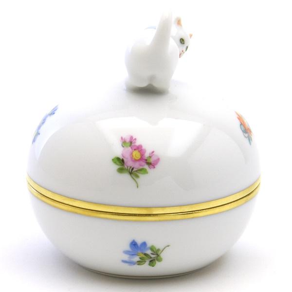 ヘレンド（HEREND） 丸形小物入れ(高さ:9cm)猫飾り ミルフルール(06033