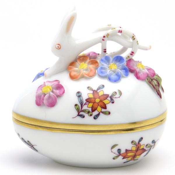 ヘレンド　ウサギ　ハート型　小物入れ ヘレンド（HEREND） 卵形小物入れ(高さ:7.5cm)兎と花の飾り アポニー