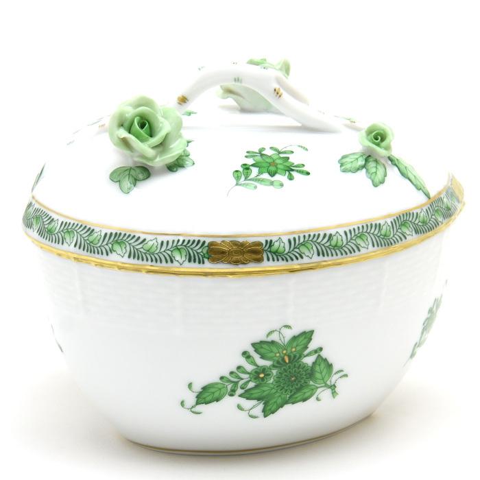 ヘレンド(Herend) ハート形小物入れ(L)(高さ:11.5cm)薔薇と枝の飾り アポニーグリーン(06000/AV) 手描き 磁器製 ボンボン入れ 送料無料 ギフト包装無料【新品】の画像