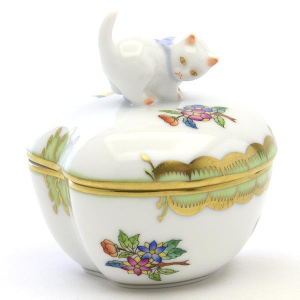 ヘレンド(Herend) ハート形小物入れ(高さ:8.2cm)猫飾り ヴィクトリアブーケ装飾バリエーション(2)(06005/VBA) ボンボン入れ 小筐 送料無料 ギフト包装無料 新品