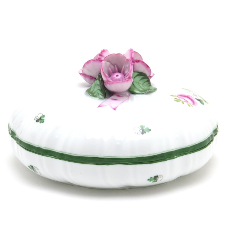HEREND ハンガリー製 アポニーグリーン バラと枝飾りのハート形小物入れ