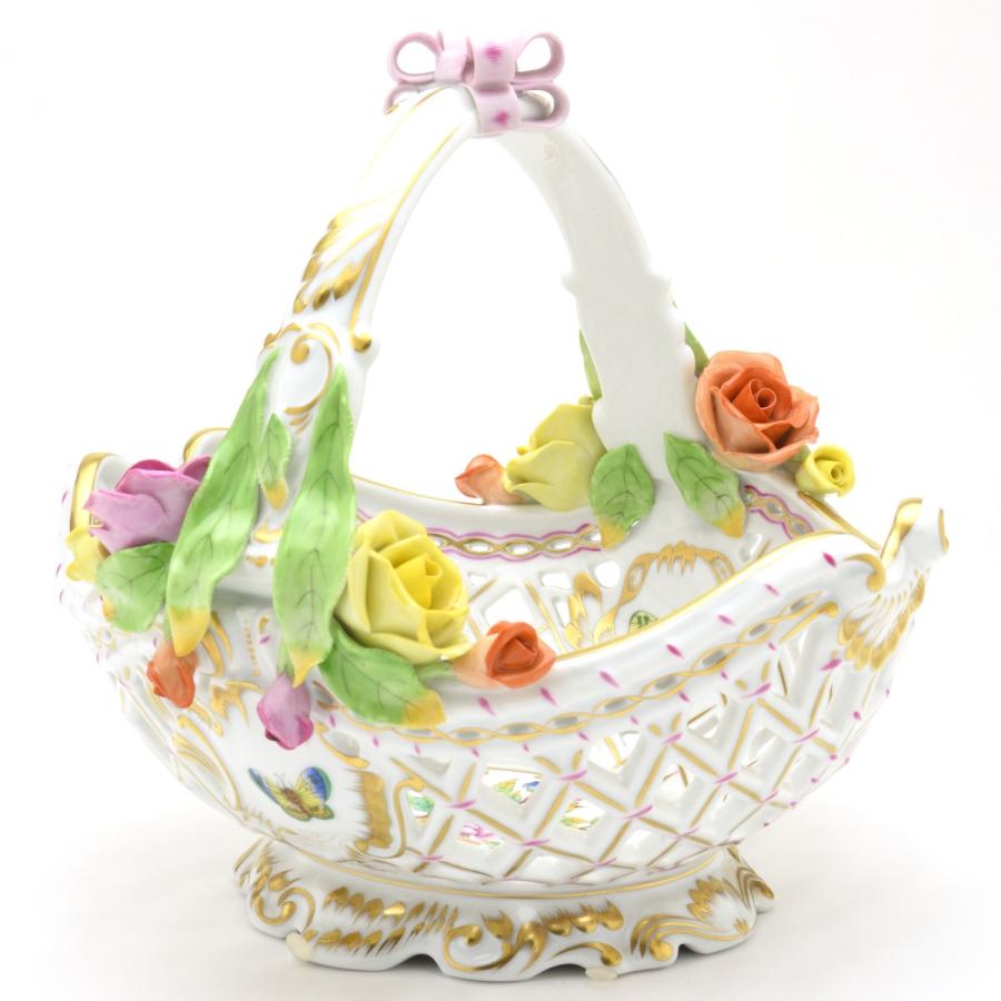 ヘレンド（HEREND） バスケット(高さ:24cm)薔薇とリボンの飾り