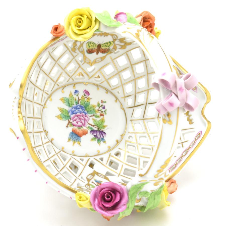 ヘレンド（HEREND） バスケット(高さ:24cm)薔薇とリボンの飾り
